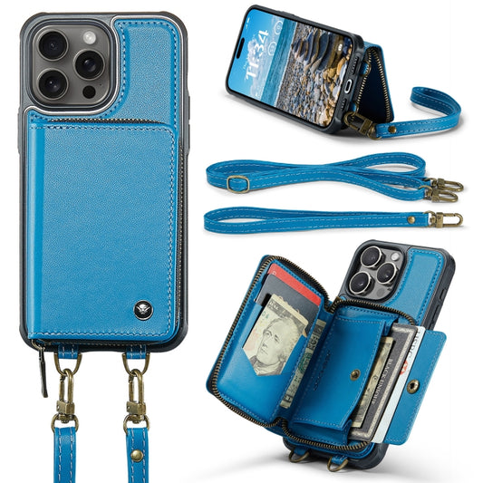 For iPhone 16 Pro Max JEEHOOD C22 Series Zipper Wallet Leather Phone Case with Dual Lanyard(Blue) by JEEHOOD
