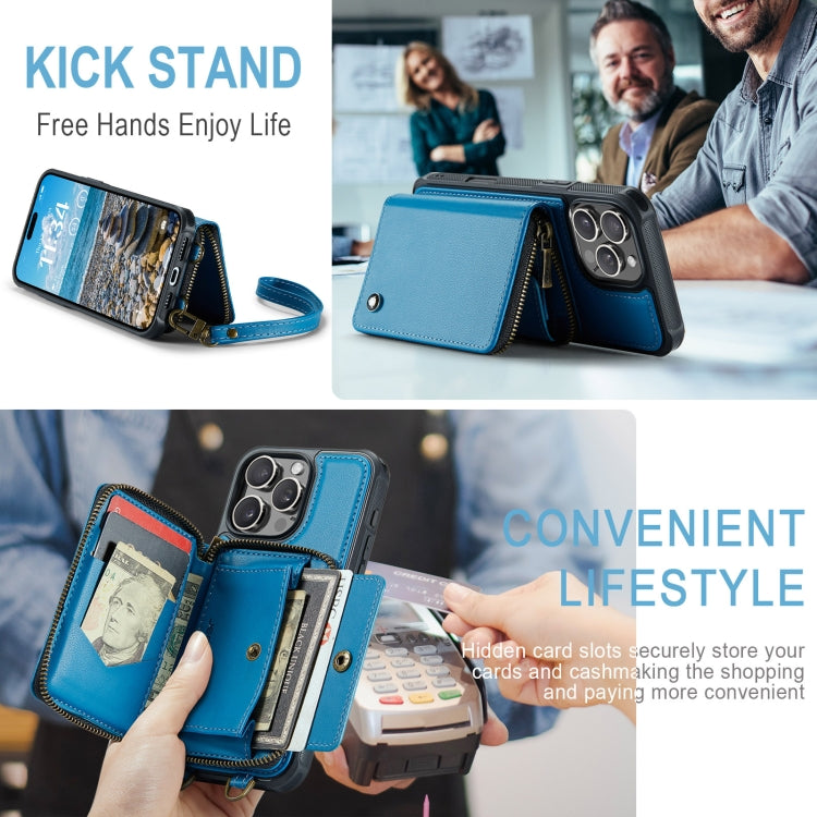 For iPhone 16 Pro JEEHOOD C22 Series Zipper Wallet Leather Phone Case with Dual Lanyard(Blue) by JEEHOOD