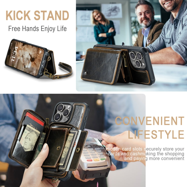 For iPhone 16 Pro JEEHOOD C22 Series Zipper Wallet Leather Phone Case with Dual Lanyard(Coffee) by JEEHOOD