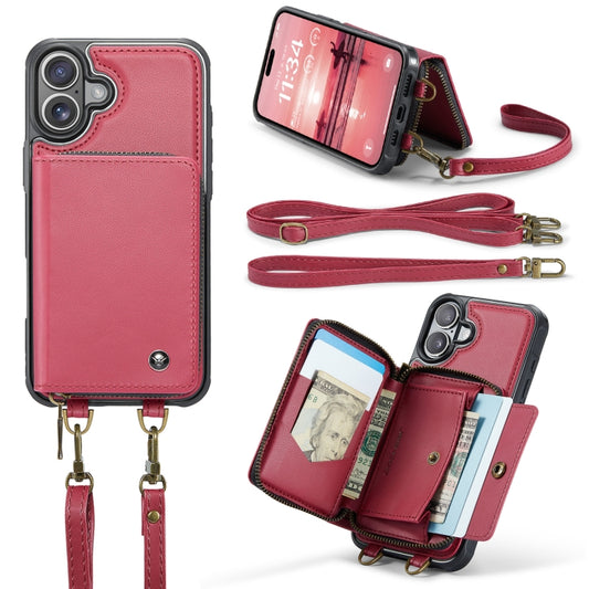For iPhone 16 Plus JEEHOOD C22 Series Zipper Wallet Leather Phone Case with Dual Lanyard(Red) by JEEHOOD