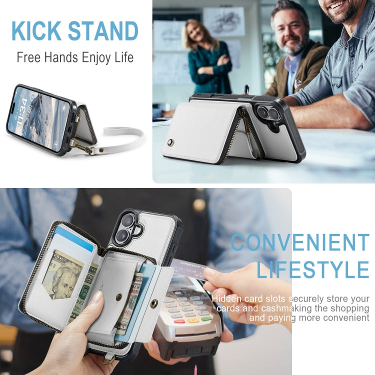 For iPhone 16 JEEHOOD C22 Series Zipper Wallet Leather Phone Case with Dual Lanyard(White) by JEEHOOD