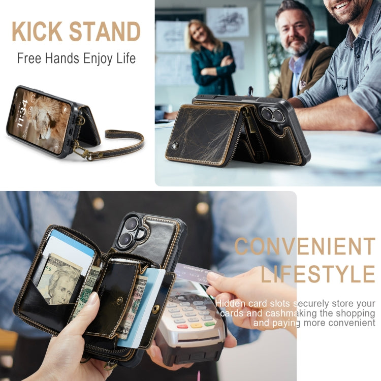 For iPhone 16 JEEHOOD C22 Series Zipper Wallet Leather Phone Case with Dual Lanyard(Coffee) by JEEHOOD