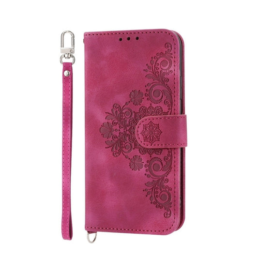 For iPhone 16 Plus Skin-feel Flowers Embossed Wallet Leather Phone Case(Wine Red) by buy2fix