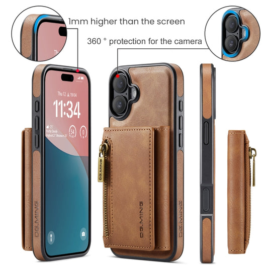For iPhone 16 Plus DG.MING M5 Series Zip RFID Multi Card Detachable Leather Phone Case(Brown) by DG.MING