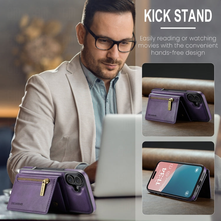 For iPhone 16 Plus DG.MING M5 Series Zip RFID Multi Card Detachable Leather Phone Case(Purple) by DG.MING