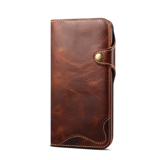 For iPhone 15 Denior Oil Wax Cowhide Magnetic Button Genuine Leather Case(Brown) - iPhone 15 Cases by Denior | Online Shopping UK | buy2fix