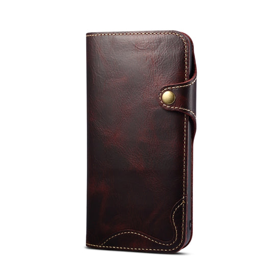 For iPhone 15 Denior Oil Wax Cowhide Magnetic Button Genuine Leather Case(Dark Red) - iPhone 15 Cases by Denior | Online Shopping UK | buy2fix