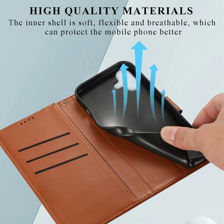 For iPhone 16 Plus PU Genuine Leather Texture Embossed Line Phone Case(Brown) by buy2fix