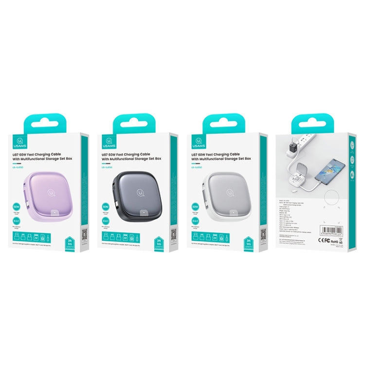 USAMS US-SJ650 U87 60W USB To Type-C To Type-C 8 Pin + Micro USB Multifunctional Telescopic Storage Box Data Cable, Length: 1m(Tarnish) by USAMS