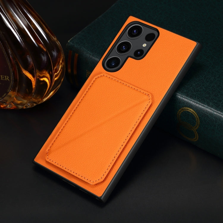 For Samsung Galaxy S23 Ultra 5G Denior Calf Texture Holder Electroplating Phone Case(Orange) by Denior