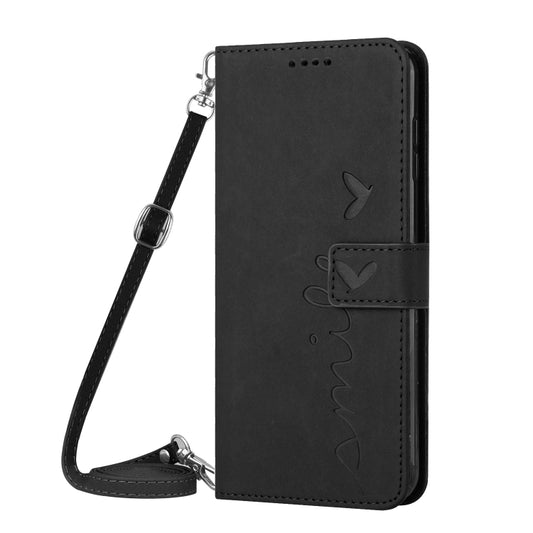 For Xiaomi Redmi K70 / K70 Pro Skin Feel Heart Embossed Leather Phone Case with Long Lanyard(Black) by buy2fix