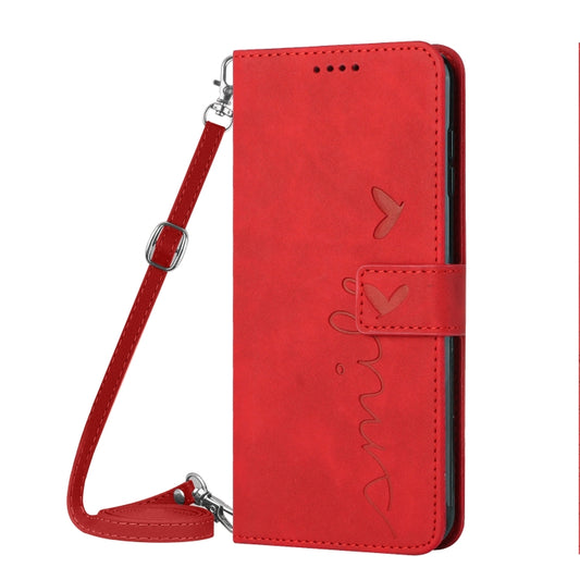 For Xiaomi Redmi Note 13 4G Global Skin Feel Heart Embossed Leather Phone Case with Long Lanyard(Red) by buy2fix