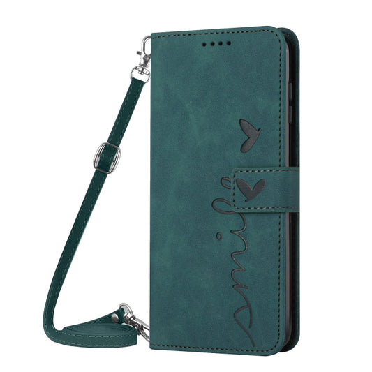 For Xiaomi Redmi Turbo 3 Skin Feel Heart Embossed Leather Phone Case with Long Lanyard(Green) by buy2fix