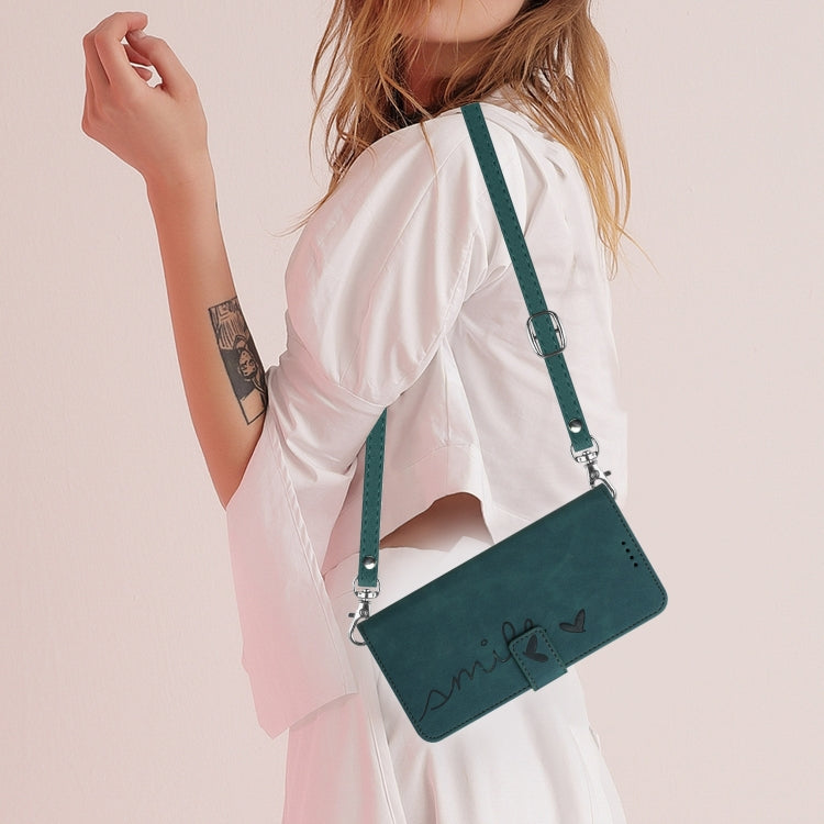 For Xiaomi Redmi Turbo 3 Skin Feel Heart Embossed Leather Phone Case with Long Lanyard(Green) by buy2fix