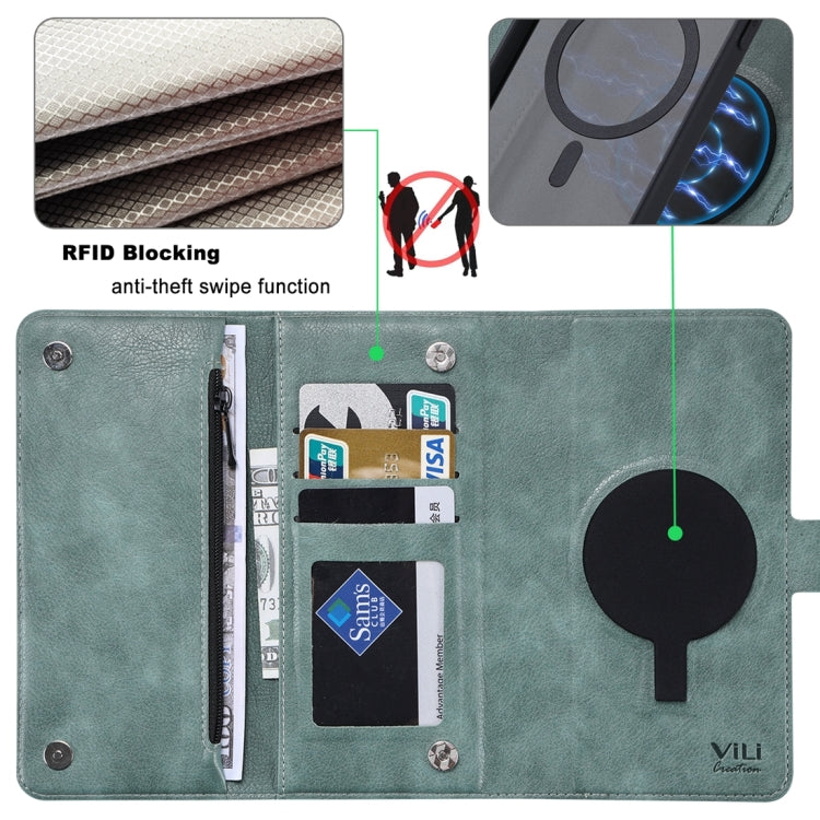 For iPhone 15 Pro Max ViLi GV Series MagSafe Magnetic Zipper Leather Phone Case(Green) by ViLi