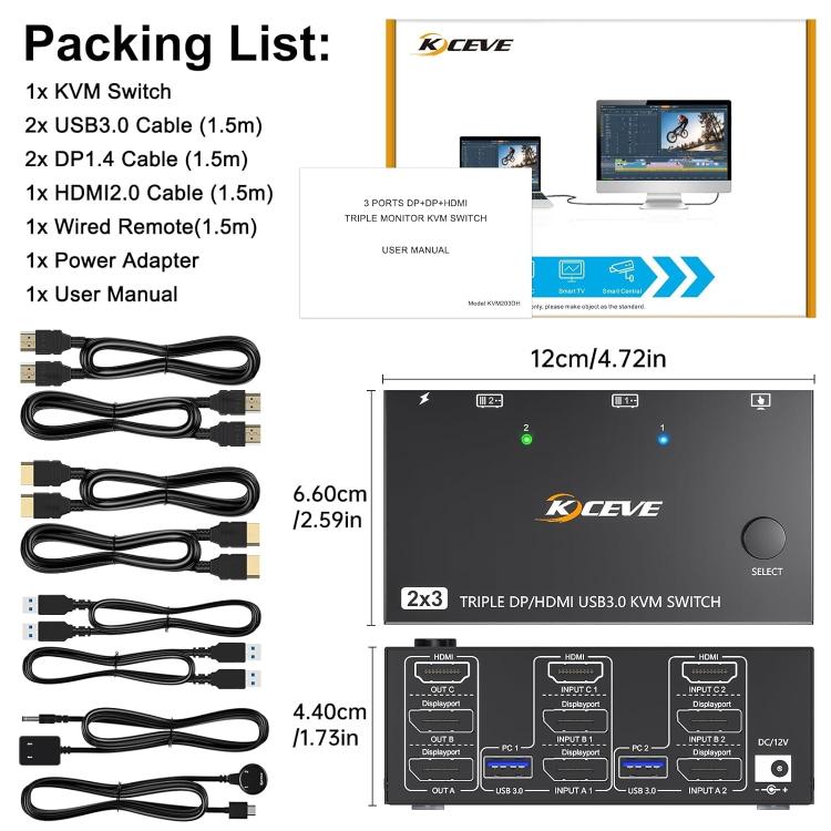 KC-KVM203DH 8K 30Hz USB3.0 DP+DP+HDMI Triple Monitors KVM Switch, UK Plug by buy2fix