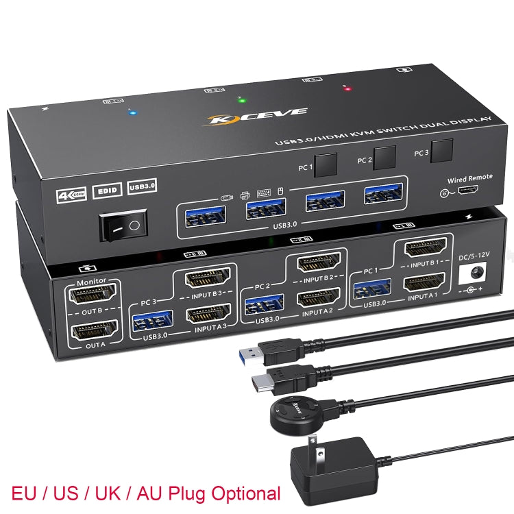 KC-KVM302AS 4K 60Hz USB3.0 / HDMI Dual Monitors KVM Switch, EU Plug by buy2fix