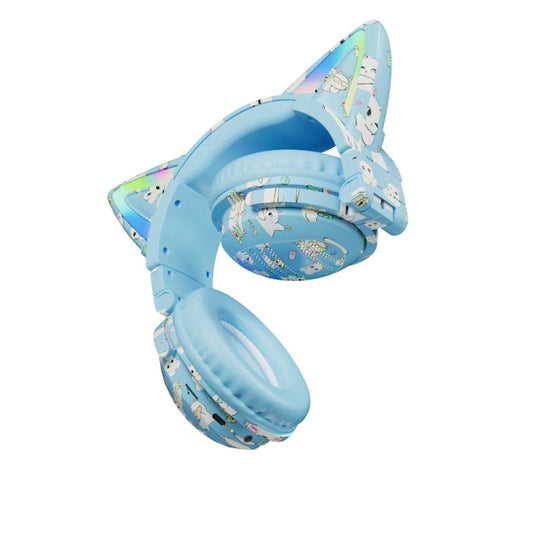VJ371 Tuya RGB Cat Ear Wireless Bluetooth Earphone with Detachable Microphone(Graffiti Blue) by buy2fix