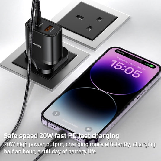 Yesido YC46 PD20W USB-C / Type-C + USB Travel Charger with 1m Type-C to 8 Pin Cable, UK Plug(Black) by Yesido