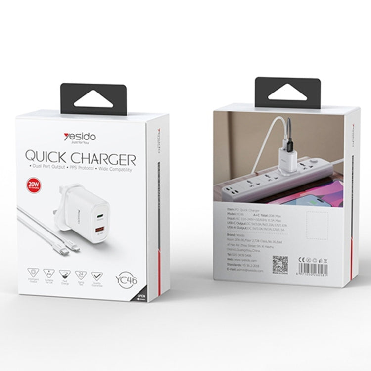 Yesido YC46 PD20W USB-C / Type-C + USB Travel Charger with 1m Type-C to 8 Pin Cable, UK Plug(Black) by Yesido