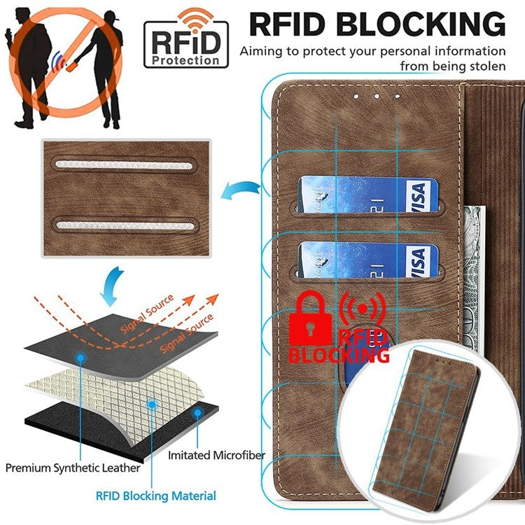 For Motorola Moto G Play 4G 2024 RFID Anti-theft Brush Magnetic Leather Phone Case(Brown) by buy2fix