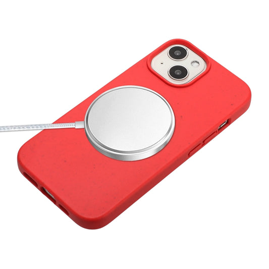 For iPhone 15 Plus Wheat MagSafe Magnetic Straw Material + TPU Phone Case with Lanyard(Red) by buy2fix