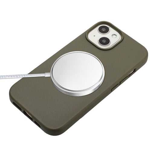 For iPhone 15 Plus Wheat MagSafe Magnetic Straw Material + TPU Phone Case with Lanyard(Army Green) by buy2fix