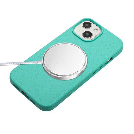 For iPhone 15 Wheat MagSafe Magnetic Straw Material + TPU Phone Case with Lanyard(Green) by buy2fix