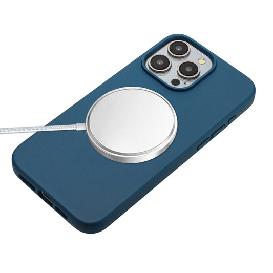 For iPhone 14 Pro Wheat MagSafe Magnetic Straw Material + TPU Phone Case with Lanyard(Blue) by buy2fix