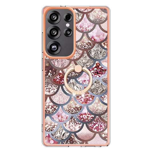 For Samsung Galaxy S25 Ultra 5G Electroplating Pattern IMD TPU Shockproof Case with Rhinestone Ring Holder(Pink Scales) by buy2fix