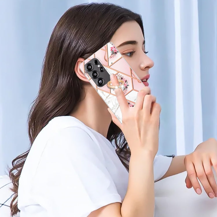 For Samsung Galaxy S25 Ultra 5G Electroplating Splicing Marble Flower Pattern TPU Shockproof Case with Rhinestone Ring Holder(Pink Flower) by buy2fix