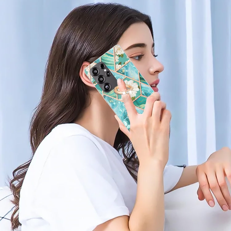 For Samsung Galaxy S25 Ultra 5G Electroplating Splicing Marble Flower Pattern TPU Shockproof Case with Rhinestone Ring Holder(Blue Flower) by buy2fix