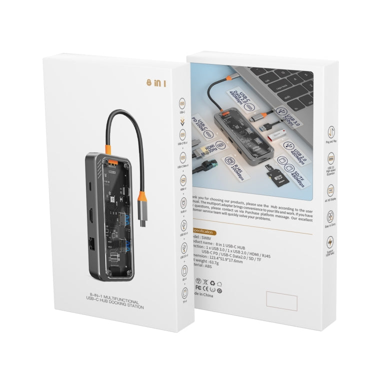 SW8V 8 in 1 Type-C to USB + HDMI + RJ45 + SD/TF HUB Docking Station(Grey) by buy2fix
