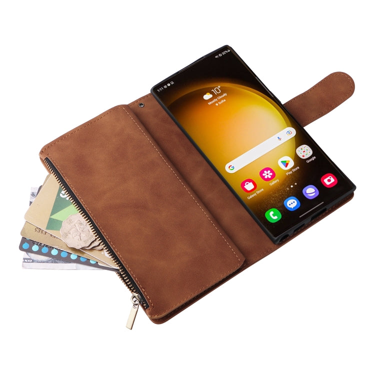 For Samsung Galaxy S24 Ultra 5G Multifunctional Frosted Zipper Wallet Leather Phone Case(Brown) by buy2fix