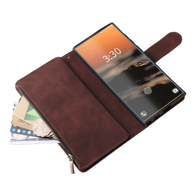 For Samsung Galaxy S23 Ultra 5G Multifunctional Frosted Zipper Wallet Leather Phone Case(Coffee) by buy2fix