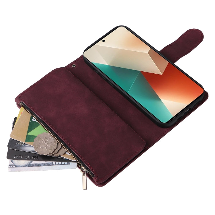 For Xiaomi Redmi Note 13 5G Multifunctional Frosted Zipper Wallet Leather Phone Case(Wine Red) by buy2fix