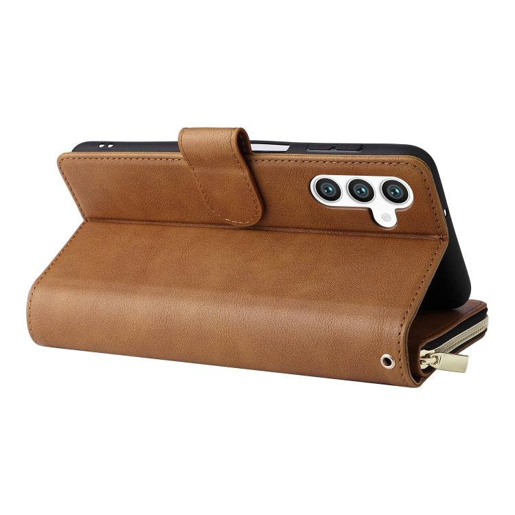 For Samsung Galaxy S24 5G 9-Card Slots Zipper Wallet Bag Leather Phone Case(Brown) by buy2fix