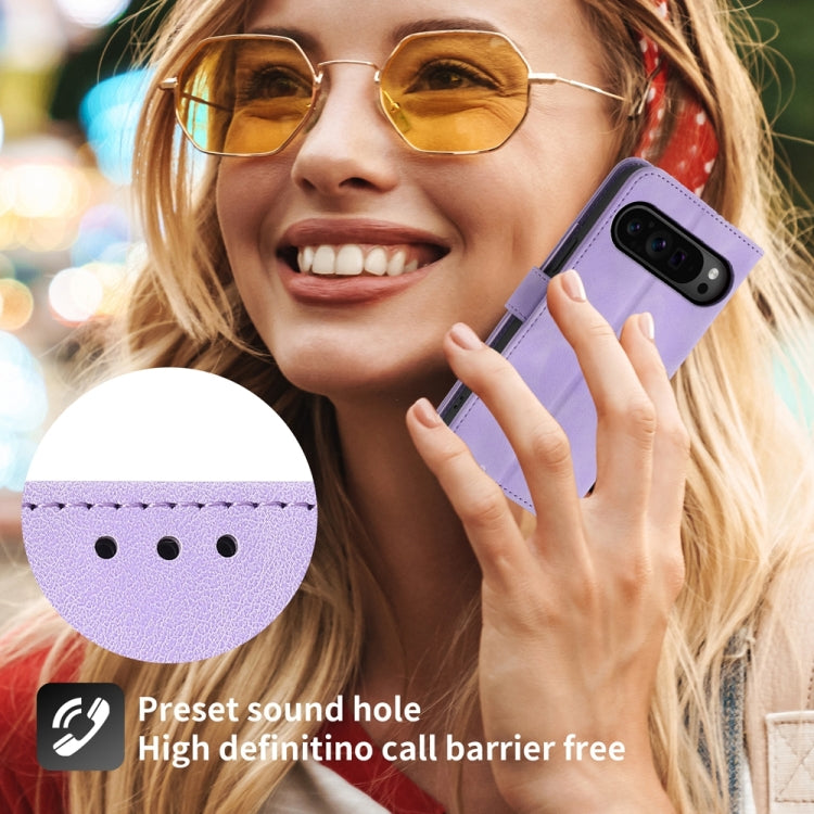 For Google Pixel 9 Pro Skin-feel Flowers Embossed Wallet Leather Phone Case(Purple) by buy2fix