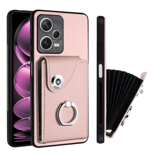 For Xiaomi Poco X5/Redmi Note 12 5G Global Organ Card Bag Ring Holder PU Phone Case(Pink) by buy2fix