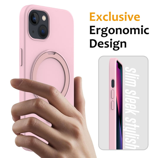 For iPhone 15 Liquid Silicone MagSafe Magnetic Phone Case with Ring Holder(Grey Pink) by buy2fix