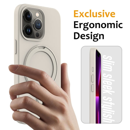 For iPhone 16 Pro Max Liquid Silicone MagSafe Magnetic Phone Case with Ring Holder(Antique White) by buy2fix