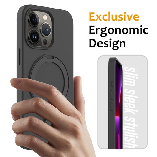 For iPhone 16 Pro Max Liquid Silicone MagSafe Magnetic Phone Case with Ring Holder(Carbon Black) by buy2fix