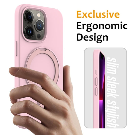 For iPhone 16 Pro Liquid Silicone MagSafe Magnetic Phone Case with Ring Holder(Grey Pink) by buy2fix