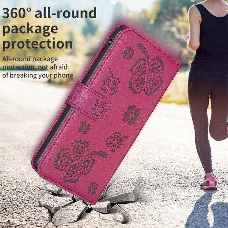 For iPhone 16 Plus Four-leaf Embossed Leather Phone Case(Rose Red) by buy2fix