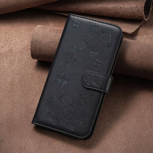 For iPhone 16 Plus Four-leaf Embossed Leather Phone Case(Black) by buy2fix