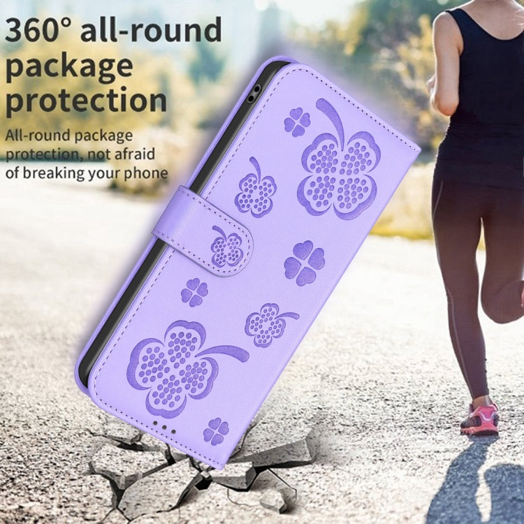 For iPhone 16 Plus Four-leaf Embossed Leather Phone Case(Purple) by buy2fix