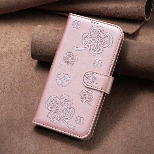 For iPhone 16 Four-leaf Embossed Leather Phone Case(Pink) by buy2fix