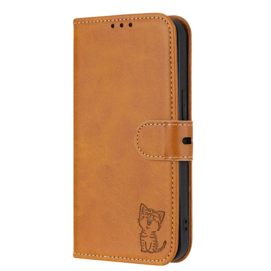 For Google Pixel 9 Pro Embossed Happy Cat Pattern Flip Leather Phone Case(Yellow) by buy2fix