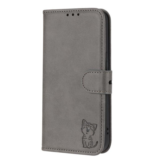 For Google Pixel 10 / 10 Pro Embossed Happy Cat Pattern Flip Leather Phone Case(Grey) - Google Cases by buy2fix | Online Shopping UK | buy2fix