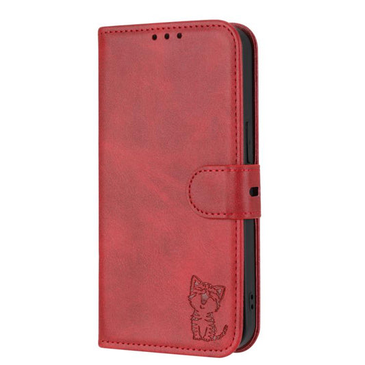 For Google Pixel 10 Pro XL Embossed Happy Cat Pattern Flip Leather Phone Case(Red) - Google Cases by buy2fix | Online Shopping UK | buy2fix